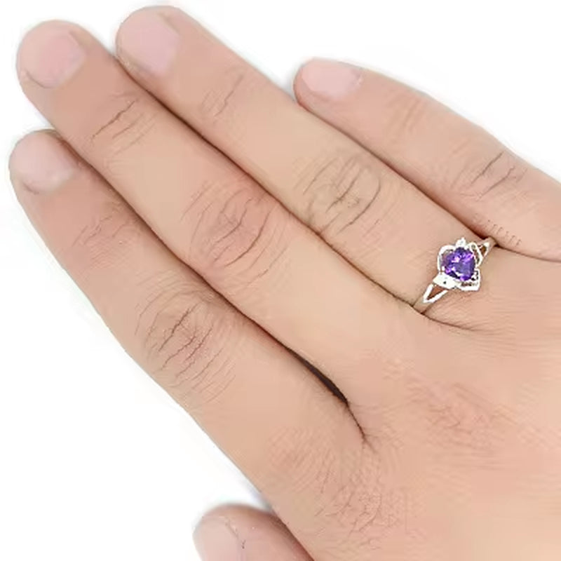 Romantic Heart Crystal Ring Fopr Woman 5Mm Natural Amethyst Ring 925 Sterling Silver Amethyst Ring Birthday Gift for Woman