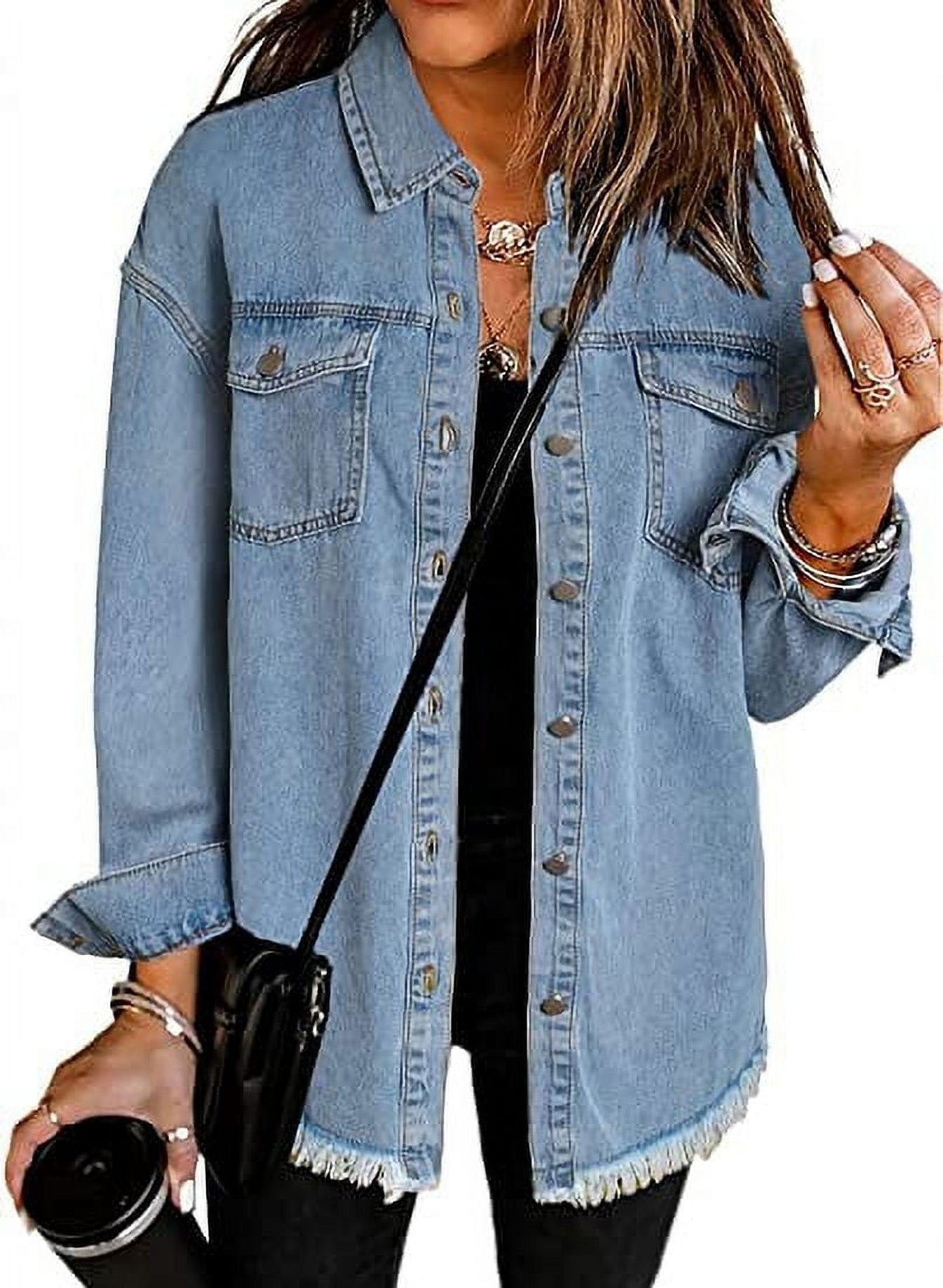 Denim Jacket for Women Long Sleeve Boyfriend Jean Jacket Loose Coat Sky Blue S Female