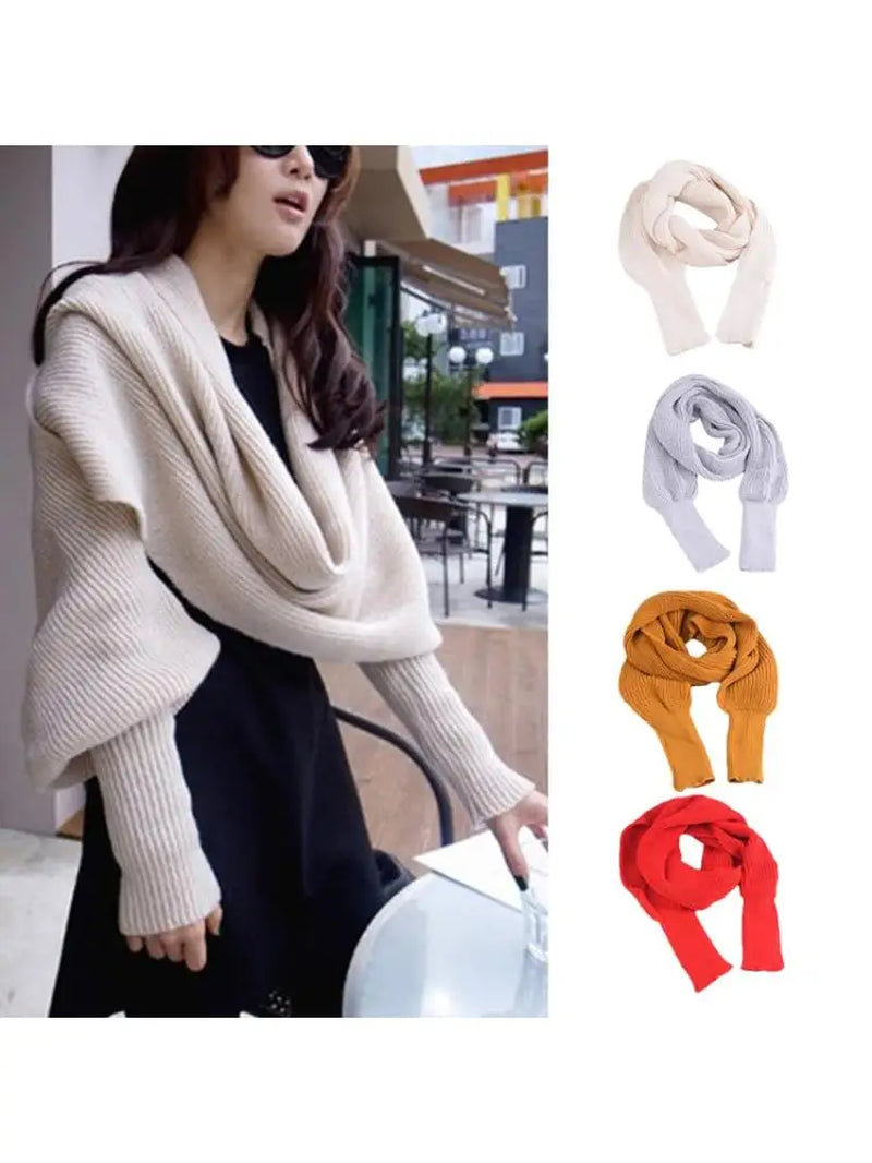 Women Winter Knit Blanket Long Shawl Wrap with Sleeves Solid Color Crochet Sweater Scarf Multi-Use Cape Neck Warmer