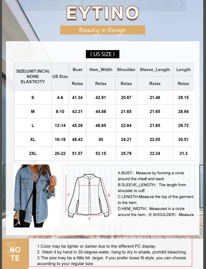 Denim Jacket for Women Long Sleeve Boyfriend Jean Jacket Loose Coat Sky Blue S Female